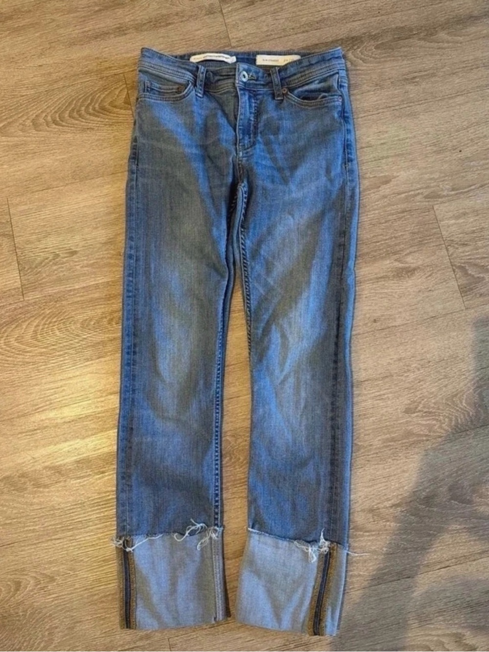 Pilcro Mid-Blue Cropped Straight Jeans with Raw Cuff
